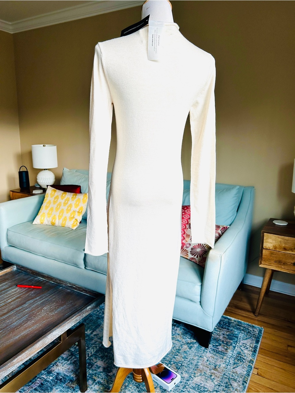 French Connection Babysoft Cream Roll Neck Midi Dress Side Slit Medium - Picture 3 of 13